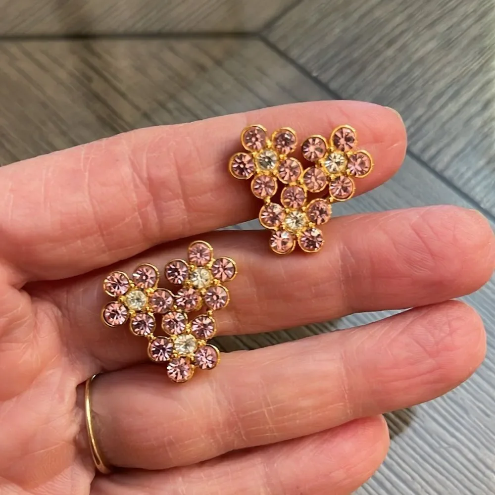 Vintage Monet Pink Cluster Rhinestone Clip Earring - Gold-tone